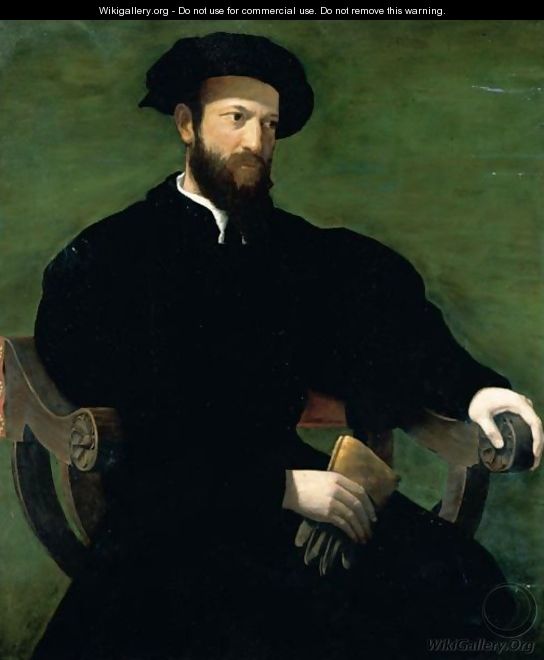Portrait Of A Gentleman, Three-Quarter Length, Dressed In Black And Seated Against A Green Background - Francesco de