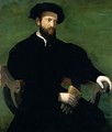 Portrait Of A Gentleman, Three-Quarter Length, Dressed In Black And Seated Against A Green Background - Francesco de' Rossi (see Salviati, Cecchino del)