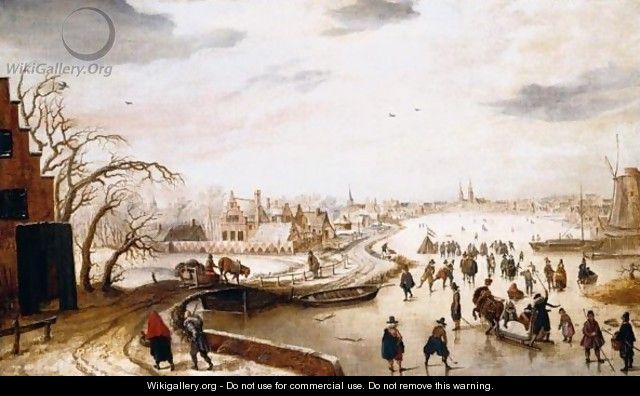 A Winter Landscape With Figures Skating On A Frozen River - Hendrick Avercamp