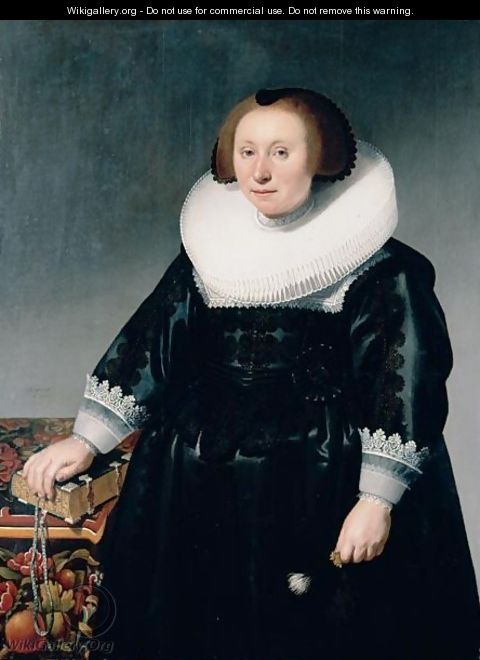 Portrait Of A Lady, Three-Quarter Length, Wearing A Black Embroidered Dress And Standing Next To A Table With Her Hand On A Book - Mijnerts Herman Doncker