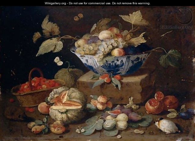 Still Life Of Apples And Grapes In A Blue-And-White Porcelain Bowl Together With Pomegranates, Figs, A Watermelon, A Basket Of Fraises-De-Bois, Peaches, Plums, A Guinea-Pig And A Hedgehog - (after) Jan Van Kessel