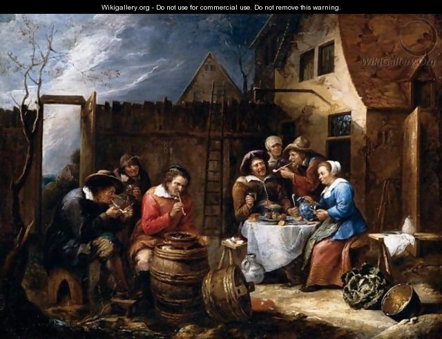 Boors Eating Drinking And Smoking Outside A Cottage - Gillis van Tilborgh