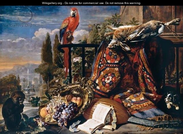 Still Life Of Fruit In A Gilt Dish, A Lute, Music Books, A Hare And Game-Birds On A Dish Resting Upon A Carpet, Together With A Scarlet Macaw, A Monkey And A Spaniel On A Terrace, An Ornamental Garden Beyond - David de Coninck