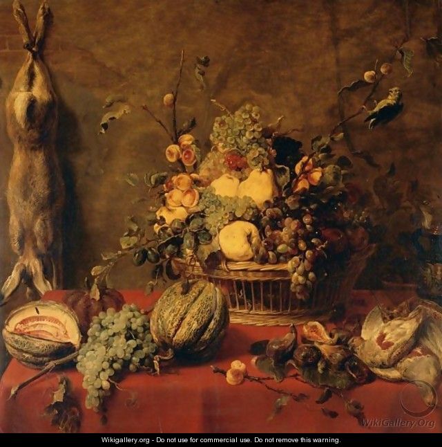 A Still Life Of Fruit In A Basket, Flanked By Melons, Grapes And Figs, Partridge, All On A Ledge Draped In A Red Cloth, With A Hare Suspended From A Nail To The Left - Frans Snijders