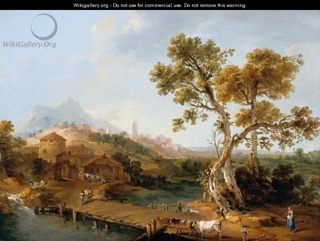 A Pastoral Landscape In The Veneto With Cattle Crossing A Wooden Bridge, A Village On A Hill-Top Beyond - Venetian School