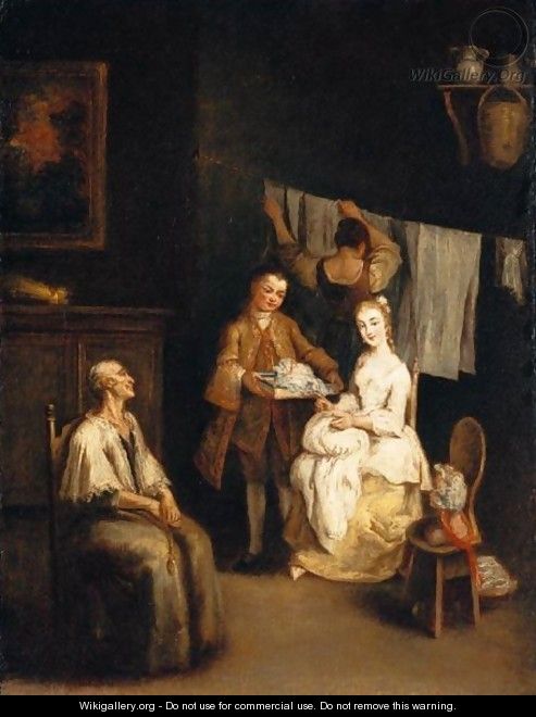 An Interior With A Boy-Servant Bringing A Young Lady A Bonnet, An Elderly Lady Seated Nearby And A Maid Hanging Laundry Beyond (