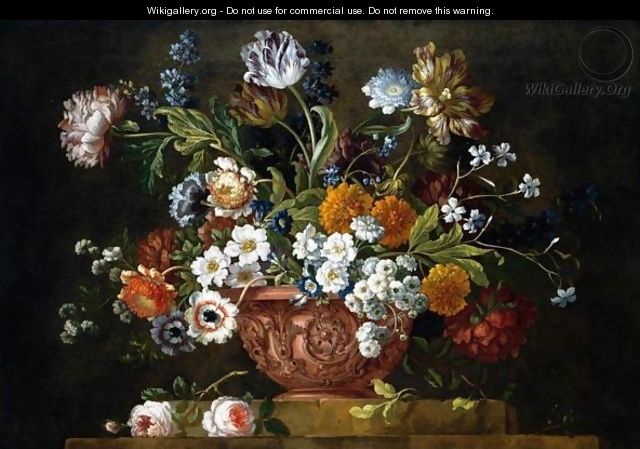 Still Life Of Roses, Variegated Tulips, Convolvuli, Peonies And Other Flowers In An Elaborate Terracotta Bowl, Resting On A Stone Socle - Pieter Casteels III
