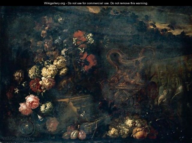 Still Life Of Flowers In A Sculpted Vase, Together With A Large Gilt Ewer, Carved Stone Reliefs And Fruit, Set Within A Landscape - (after) Jean-Baptiste Monnoyer