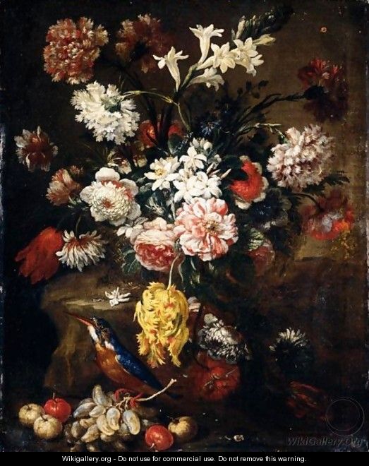 Still Life Of Various Flowers In A Basket, Together With Grapes, Crab-Apples And A Kingfisher - (after) Bartolommeo Bimbi
