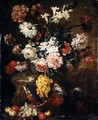 Still Life Of Various Flowers In A Basket, Together With Grapes, Crab-Apples And A Kingfisher - (after) Bartolommeo Bimbi