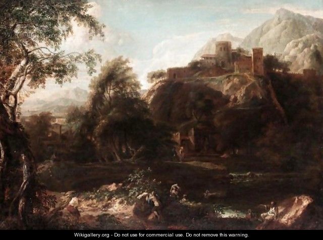 River Landscape With Bathers, A Hill-Top Town Beyond - Roman School