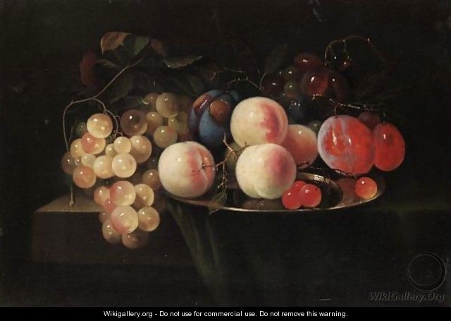 Still Life With Peaches, Cherries And Plums On A Pewter Plate Together With Bunches Of Grapes On A Stone Ledge Draped With A Green Cloth - (after) Cornelis De Heem