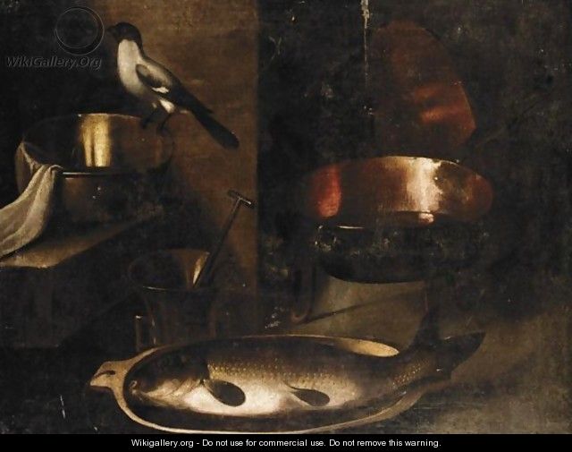 Still Life With A Fish In A Wooden Bowl, A Bird, And Various Kitchen Utensils - (after) Sebastien Stoskopff