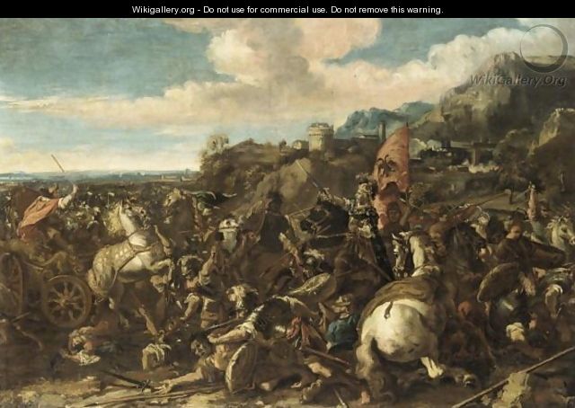 Battlescene Before A Hilltop Town With A Hapsburg Army - (after) Antonio Diziani