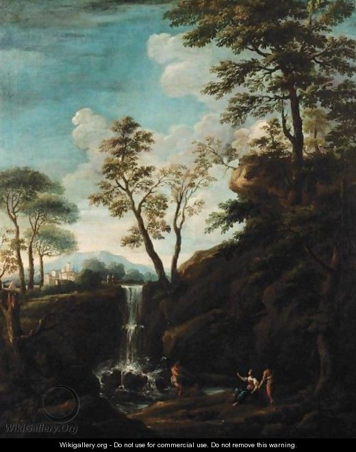 Italianate Landscape With Figures Bathing Beside A Waterfall - Roman School