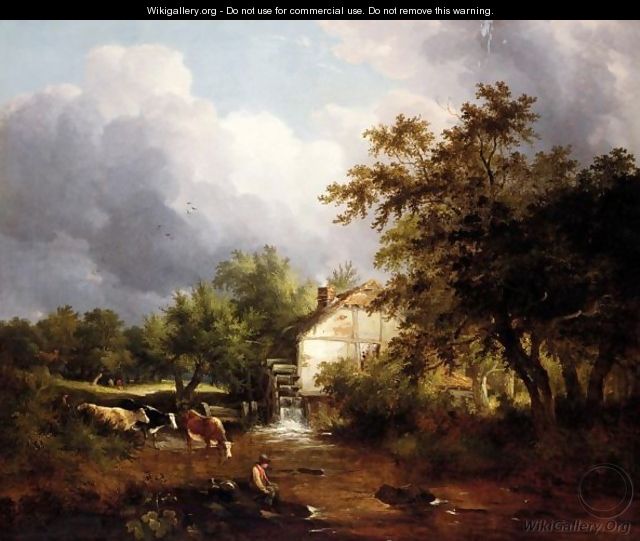 A Fisherman On The Riverbank, A Water Mill And Cattle Beyond - Edward Charles Williams