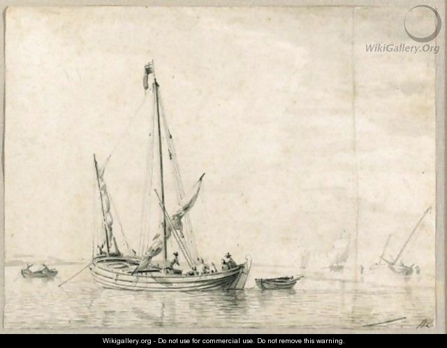 A Small Boat In A Calm Sea With Men Rigging Its Sails - Willem van de, the Elder Velde