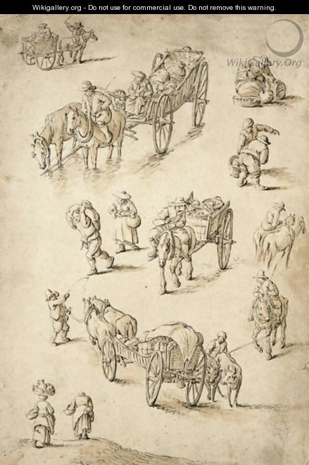 Sheet Of Studies Of Peasants, Riders And Waggons - Herman Saftleven
