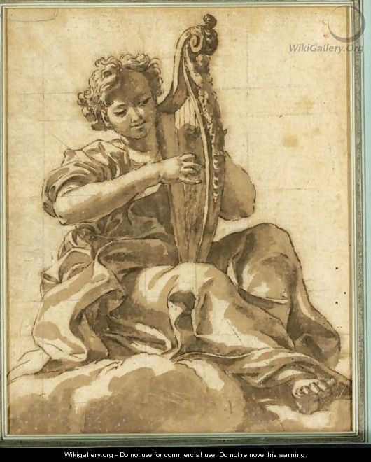 An Angel Seated In The Clouds Playing A Harp - Giovanni Battista (Baciccio) Gaulli