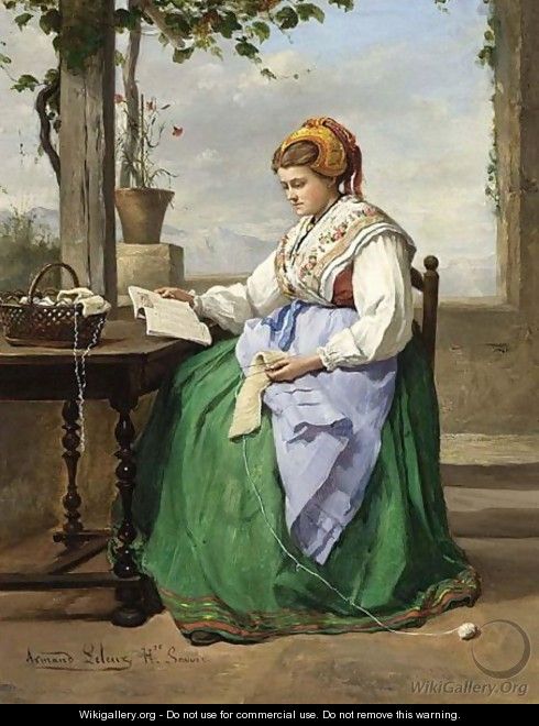 A Seamstress Reading On A Verandah In A Mountainous Landscape - Armand Hubert Simon Leleux
