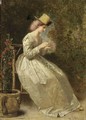 A Seated Lady In A Flower Garden, Wearing A White Satin Dress - Florent Willems