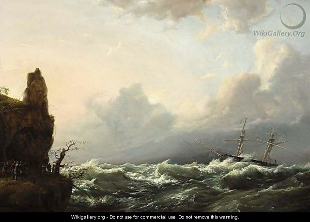 People Gathered On The Coast Watching A Boat In Stormy Weather - Casparus Johannes Morel