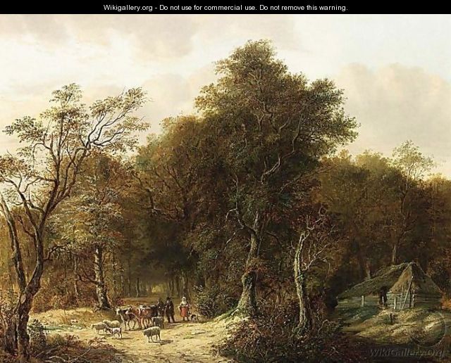 Travellers With Their Herd On A Path In A Forest - Johan Diderik Cornelis Veltens