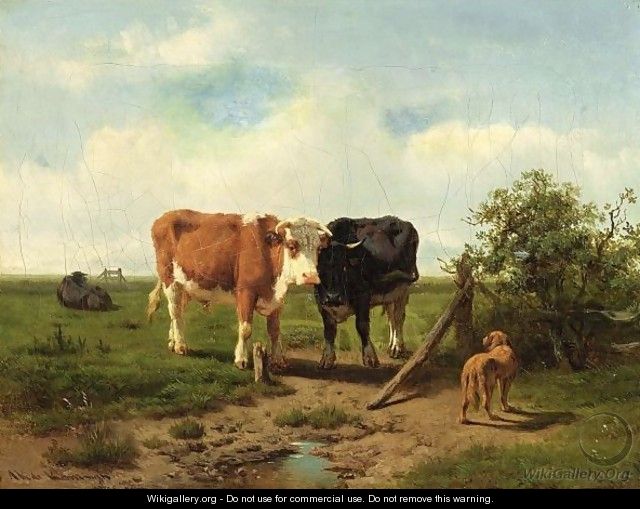 Three Cows And A Dog In A Meadow - Arie Ketting De Koningh