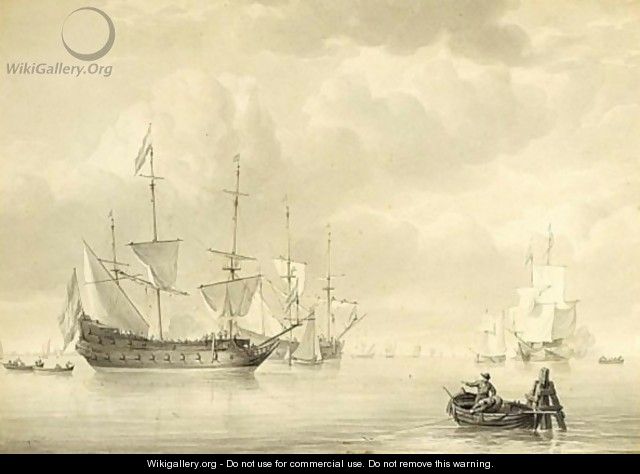 Ships At Anchor With Two Men In A Boat Fishing In The Foreground - (after) Martinus Schouman