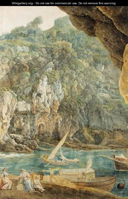 A Rocky Landscape With Figures By A River And Boats - Abraham Louis Rudolph Ducros