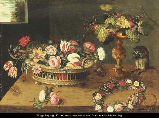 Flowers In A Basket, Monkey And Flowers Wreath - Jan, the Younger Brueghel