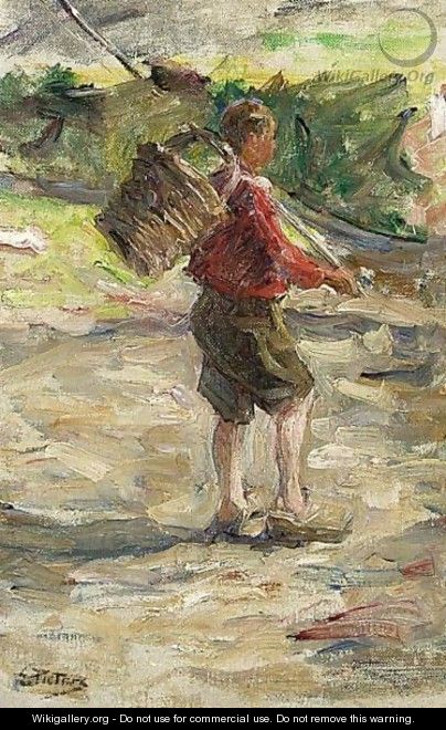 A Boy On Wooden Shoes Carrying A Basket - Evert Pieters