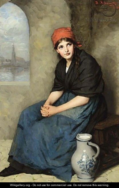 A Portrait Of A Seated Girl, Wearing A Dark Blue Dress And Red Headscarf - Thérèse Schwartze