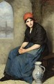 A Portrait Of A Seated Girl, Wearing A Dark Blue Dress And Red Headscarf - Thérèse Schwartze