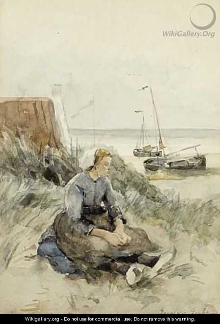 A Dutch Fisherwoman Seated In The Dunes, The Beach And Sea Beyond - German Grobe
