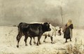 A Peasant Woman With Her Cattle In A Winter Landscape - Henry Schouten
