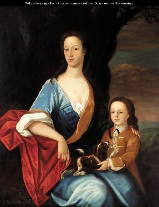 Mother And Son With King Charles Spaniel - English School