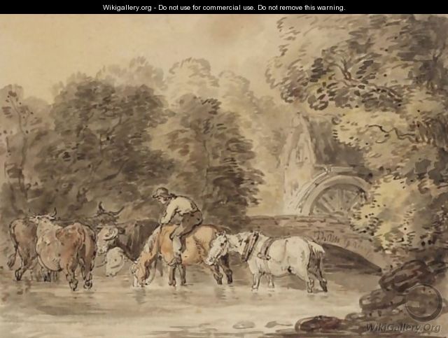 A Figure Watering His Cart Horses In A Stream - Thomas Rowlandson