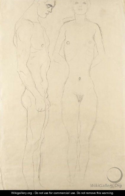 Athlet Im Profil Nach Rechts, Frauenakt Von Vorne (Athlete In Profile Facing Right, Female Nude Seen From The Front) - Gustav Klimt