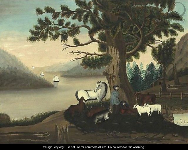 A Bucolic Scene White Horse, Shepherd, Sheep And Cows Beneath Leafy Tree - American School