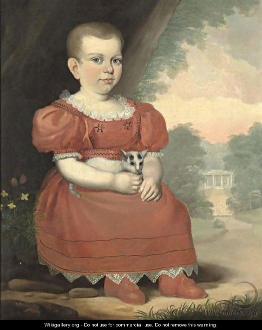 A Child In A Red Dress With Triangular Lace Petticoat, Holding A Kitten - Robert Street