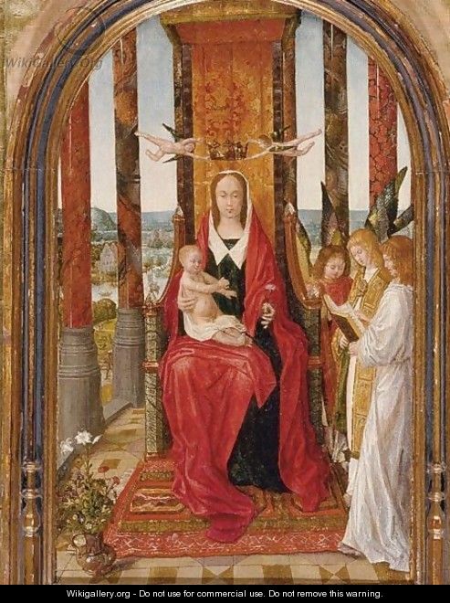 Virgin And Child Enthroned With Singing Angels Looking On, A River Landscape Beyond - School Of Bruges