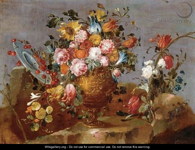 Still Life Of Flowers In A Vase Resting On A Stone Ledge With A Plate Of Cherries - The Pseudo-Guardi
