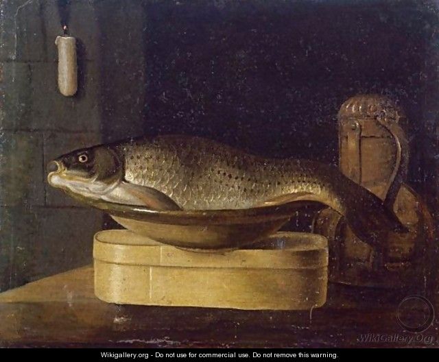 Still Life Of A Carp In A Bowl Placed On A Wooden Box, All Resting On A Table - (after) Sebastien Stoskopff