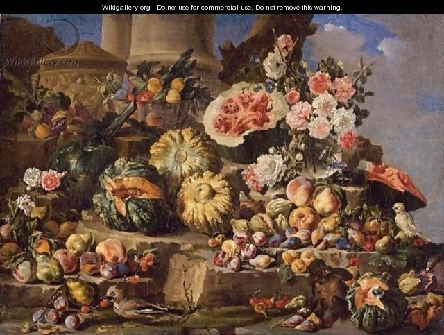 Still Life Of Fruit And Flowers On A Stone Ledge With Birds And A Monkey - (after) Michele Pace Del (Michelangelo Di) Campidoglio