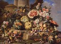 Still Life Of Fruit And Flowers On A Stone Ledge With Birds And A Monkey - (after) Michele Pace Del (Michelangelo Di) Campidoglio