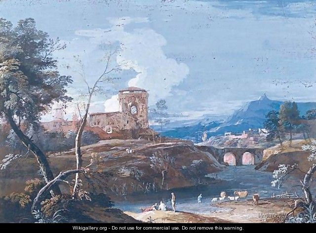 Landscape With Shepherds By A River And A Bridge In Middle Distance - Marco Ricci