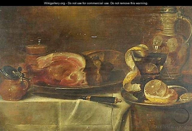 Still Life Of A Ham On A Pewter Plate And Other Objects, All On A Draped Table - (after) Alexander Adriaenssen