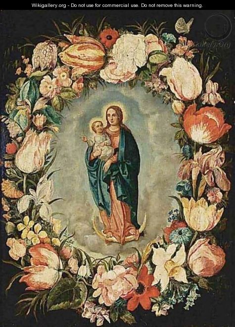 The Virgin Mary And Child Surrounded By A Garland With Tulips, Carnations, Roses And Other Flowers - Antwerp School