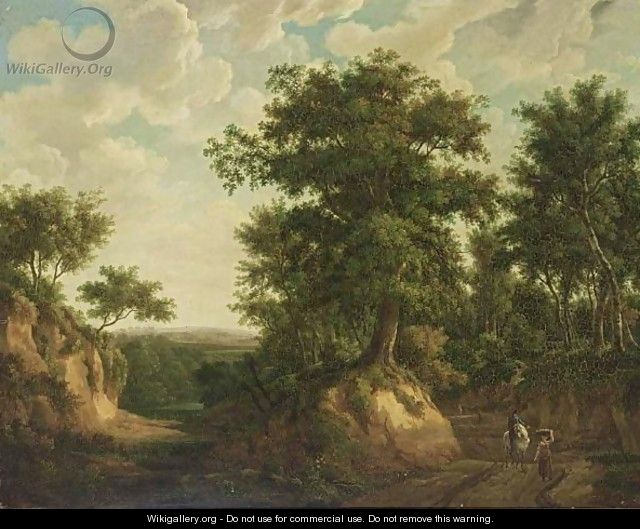An Extensive Wooded Landscape With A Horseman, A Maid And Other Travellers On A Path - Maximilien Lambert Gelissen